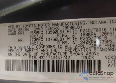 2004 Toyota Tundra z USA, uszkodzony, nr VIN 5TBJN32174S447742